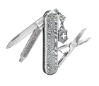 Victorinox Classic SD Brilliant Damast - Aus hochwertigen, langlebigen Damasteel® Schalen mit Cross&Shield Anhänger - Kompaktes Taschenmesser mit 5 Funktionen, hergestellt in der Schweiz - Beinhaltet eine Schere und eine Nagelfeile mit Schraubendreher