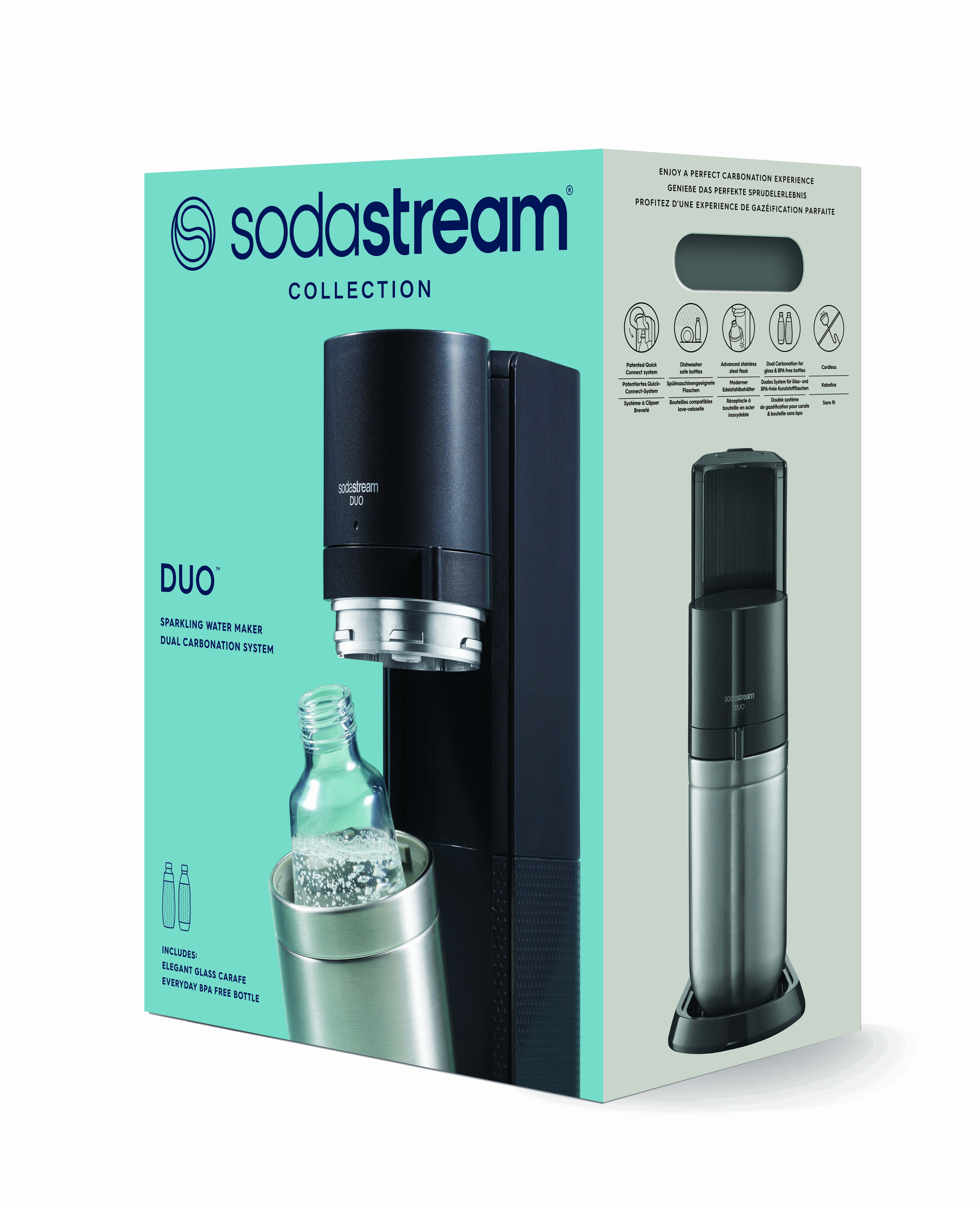 sodastream 1016814490 Duo Machine à gazéifier avec Cylindre de CO2, Verre 2  Bouteilles de 1 l en Plastique lavables au Lave-Vaisselle, Hauteur : 44 cm,  Couleur : Titane, 29x25,6x44,4 : : Cuisine et Maison